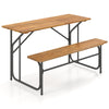 Acacia wood patio table and bench for 2 people, featuring a solid wood top and reinforced metal frame for outdoor use.