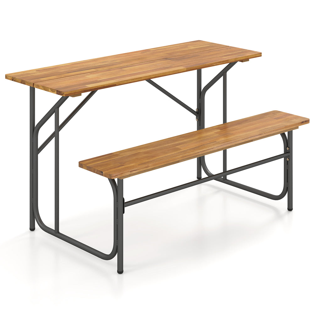 Acacia wood patio table and bench for 2 people, featuring a solid wood top and reinforced metal frame for outdoor use.