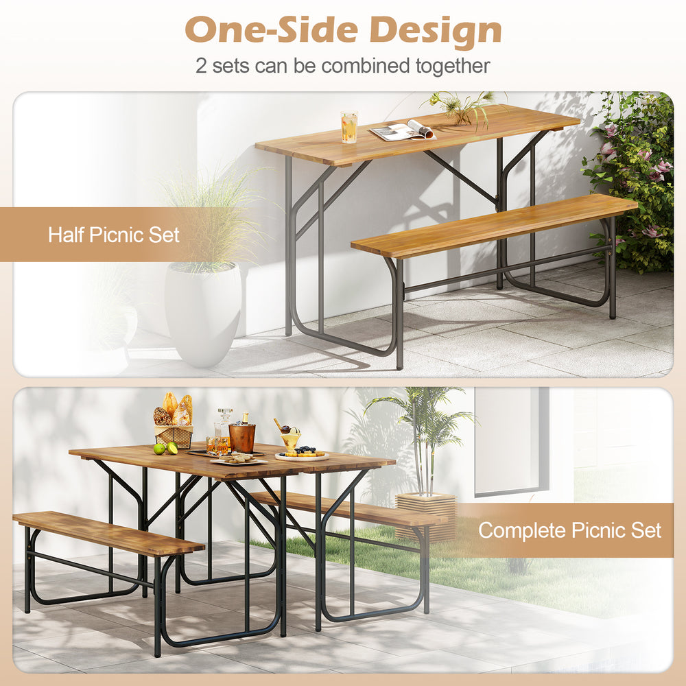 Acacia wood patio picnic table and bench set for 2, featuring a solid wood top and reinforced metal frame, ideal for.