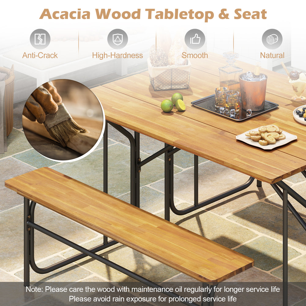 Acacia wood patio table bench for 2 people, featuring a solid tabletop and reinforced metal frame, perfect for outdoor.