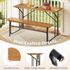 Acacia wood patio table and bench set for 2, featuring a solid tabletop and adjustable foot pads for stability.