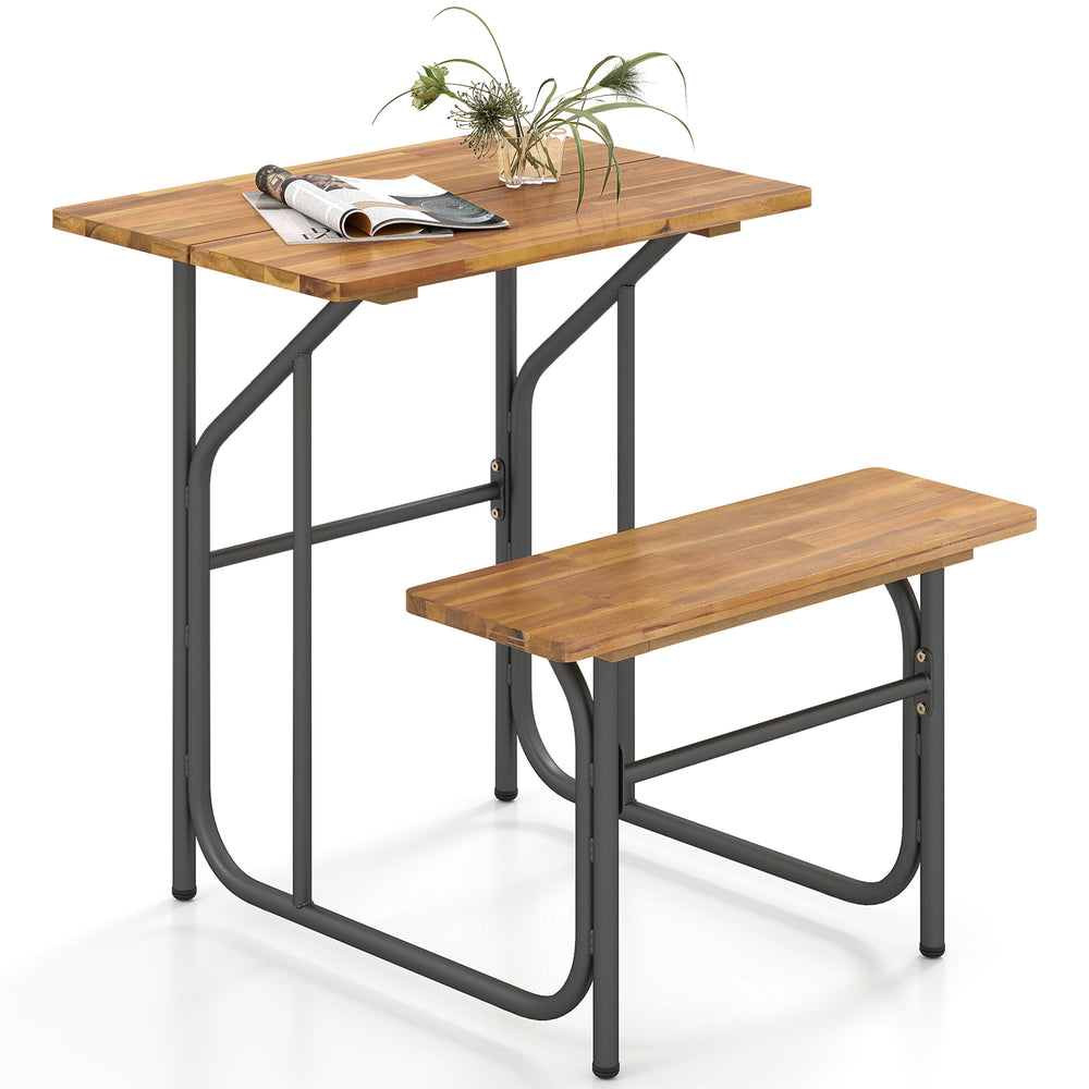 Acacia wood patio table and bench set with a solid design, ideal for solo relaxation or outdoor gatherings.
