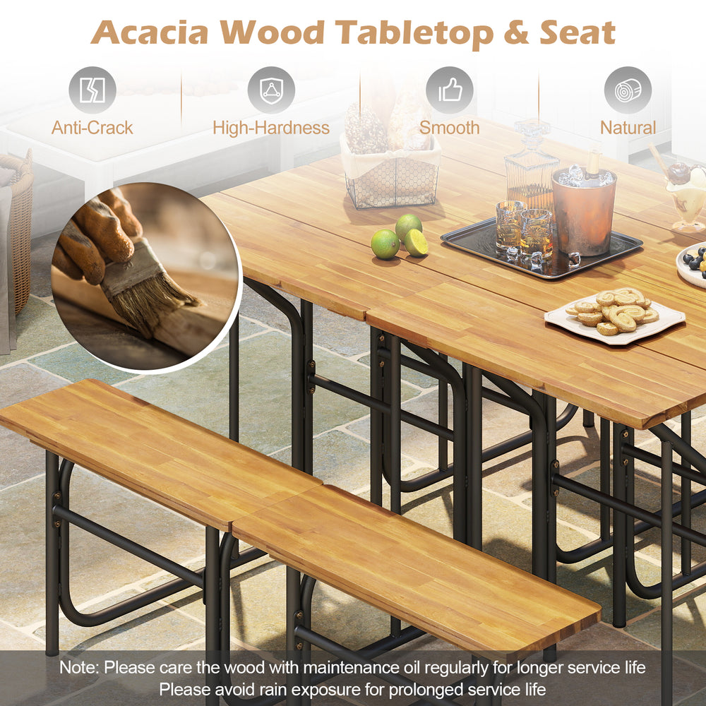 Acacia wood patio table and bench set with solid tabletop, designed for outdoor relaxation in balconies or gardens.