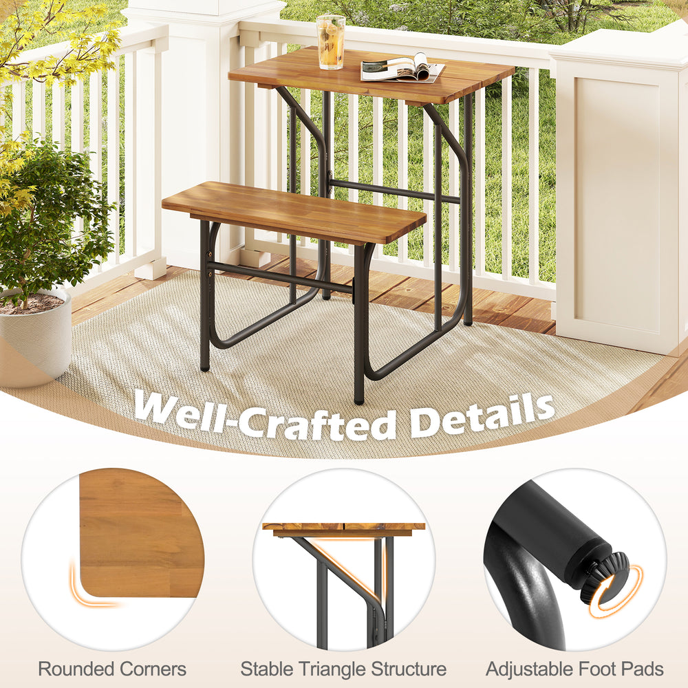 Acacia wood patio table and bench set with a single-side design, featuring a stable triangle structure for outdoor.