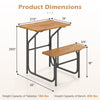 Acacia wood patio table and bench set dimensions, featuring a solid wood top and reinforced metal frame for stability.