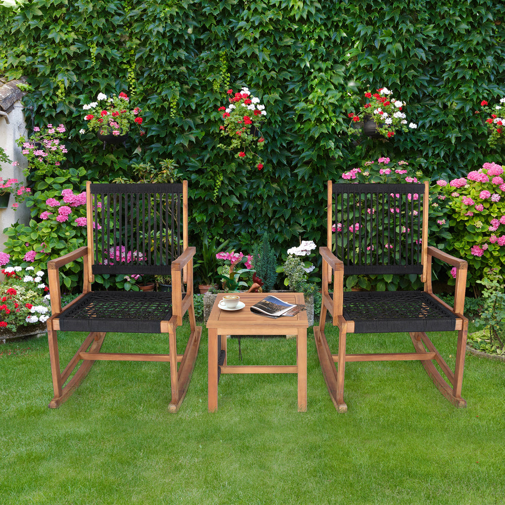 Two acacia wood rocking chairs with breathable rope design and a square coffee table, ideal for porch or balcony.