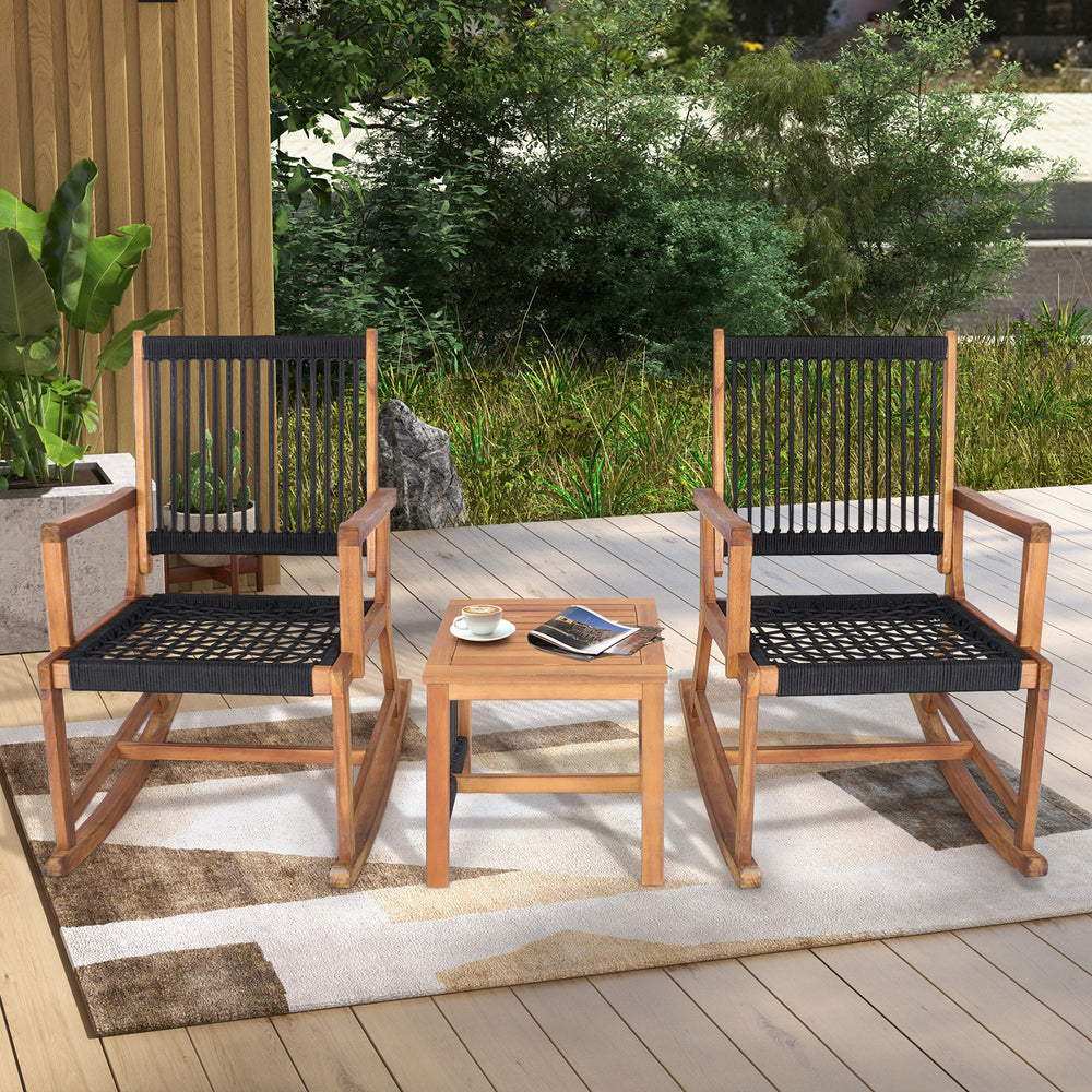 Acacia wood rocking bistro set with black woven seats and square coffee table, perfect for outdoor patio relaxation.