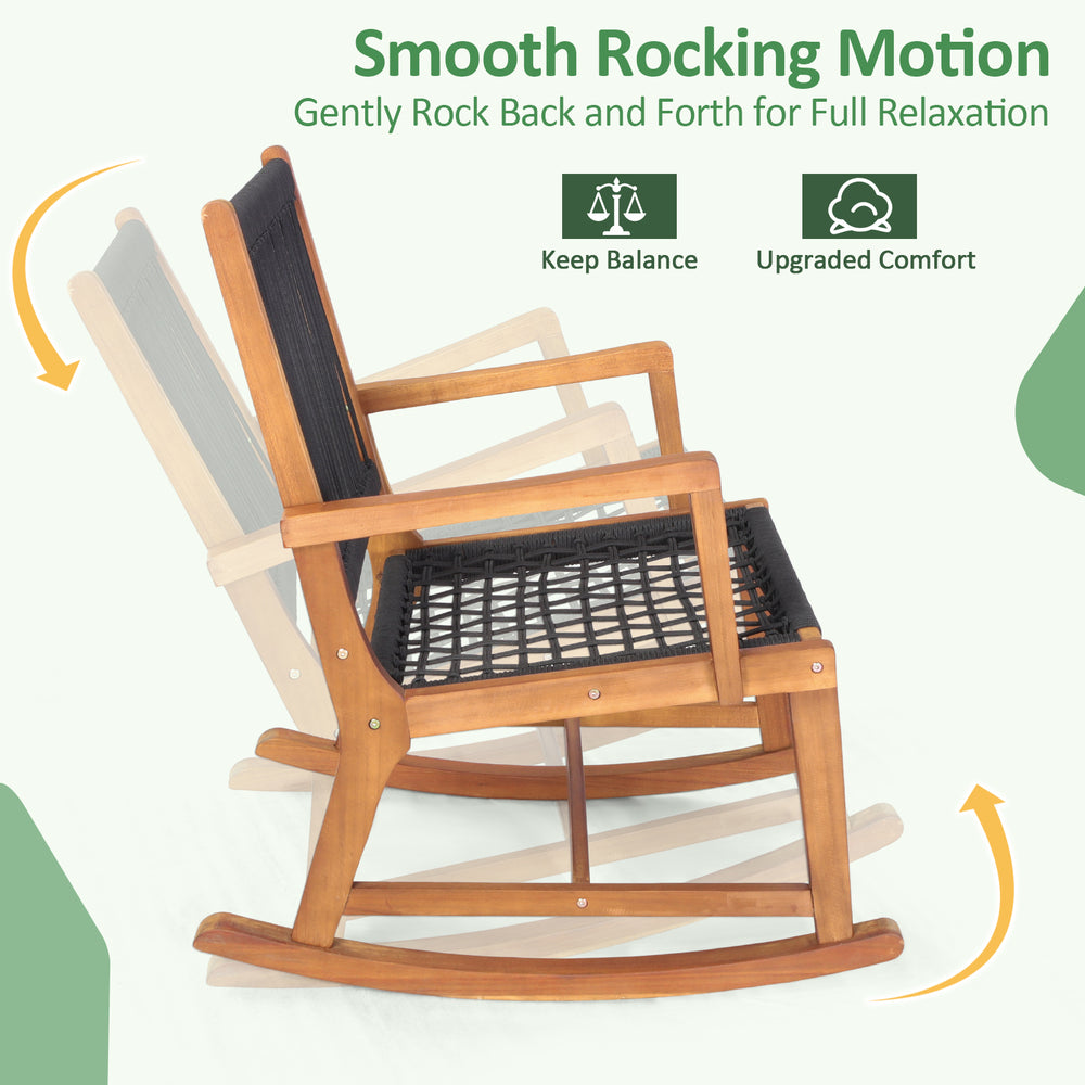 Acacia wood rocking chair with breathable rope, featuring smooth rocking motion for outdoor relaxation on patio or.