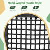 Close-up of the hand-woven plastic rope detail on the acacia wood rocking bistro set, showcasing its breathable and.