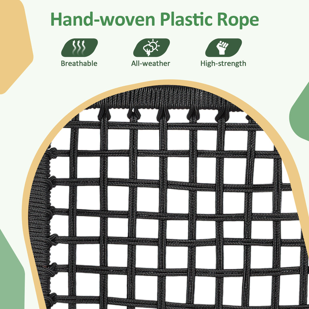 Close-up of the hand-woven plastic rope detail on the acacia wood rocking bistro set, showcasing its breathable and.