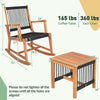 Acacia wood rocking chair and square coffee table set with breathable rope, perfect for outdoor patio relaxation.