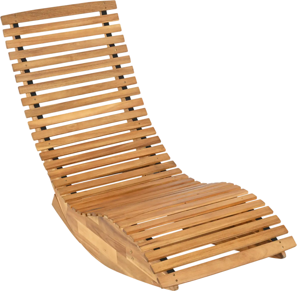 Acacia wood rocking patio lounge chair features a slatted design for comfort and stability, perfect for garden relaxation.