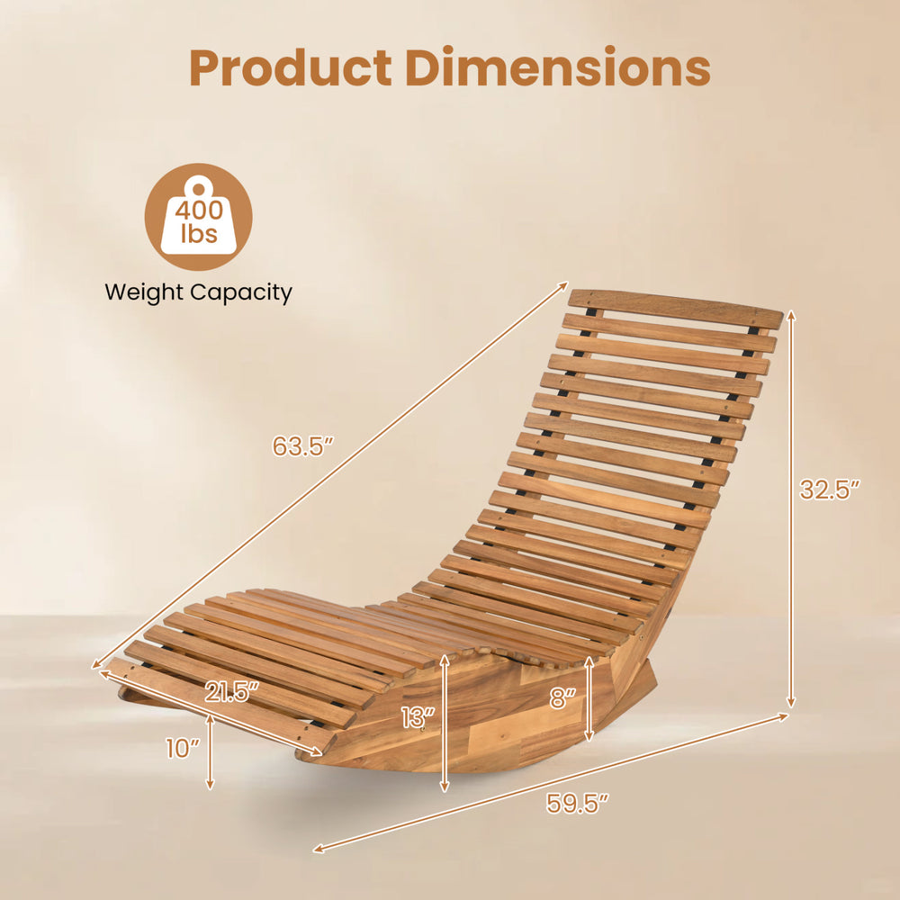 Acacia wood rocking patio lounge chair features ergonomic design, slatted seating, and a weight capacity of 400 lbs.