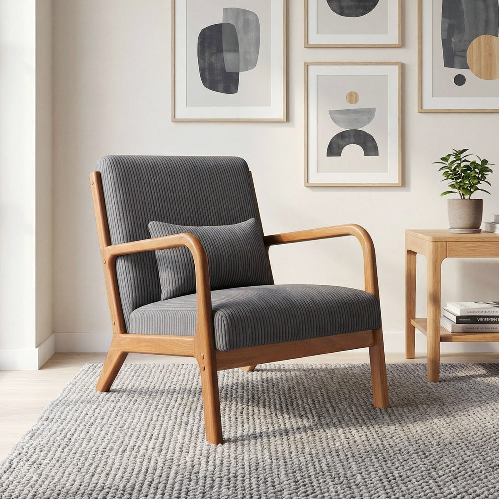 Accent Chair Corduroy Upholstered Lounge Chair with Lumbar Pillow-Gray - Gallery View 1 of 9