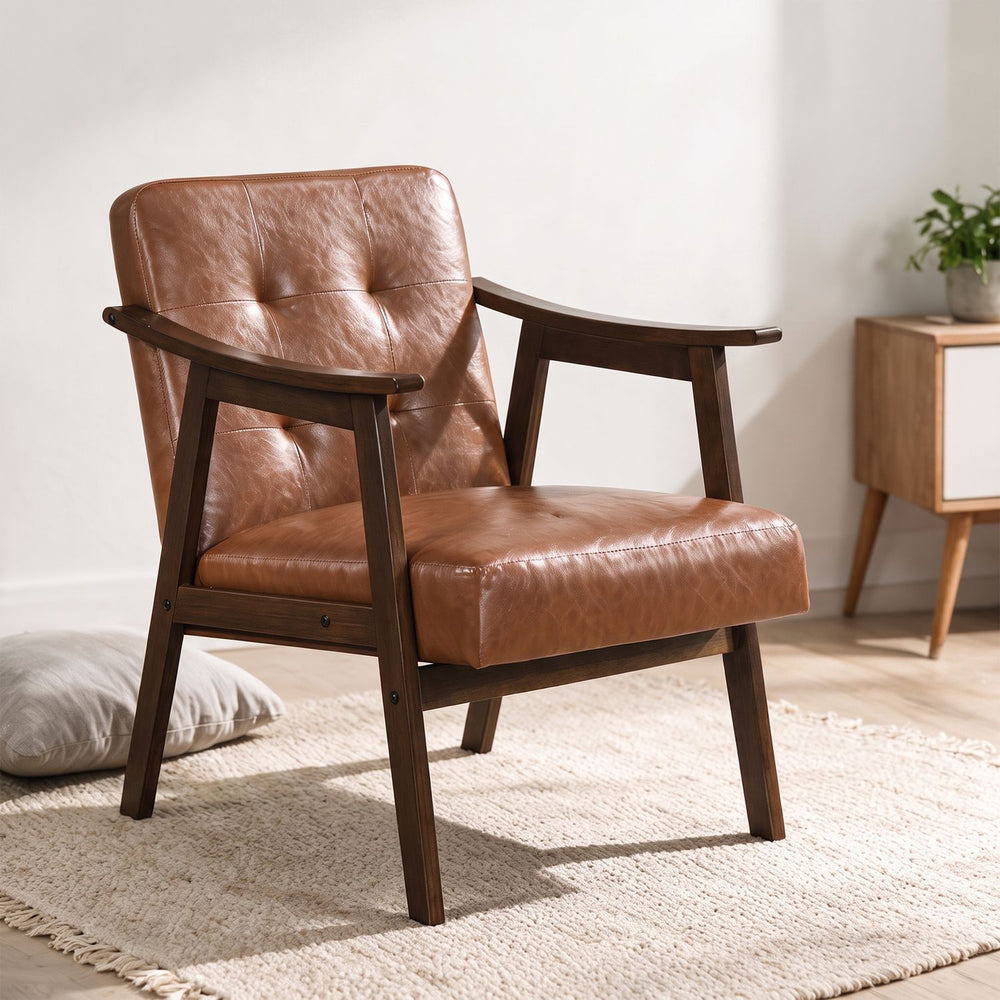 Accent chair with inclined backrest in walnut finish, featuring faux leather and soft cushion for comfortable living room seating.