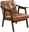 Accent chair with inclined backrest in faux leather, walnut finish, offering ergonomic support for living rooms or offices.