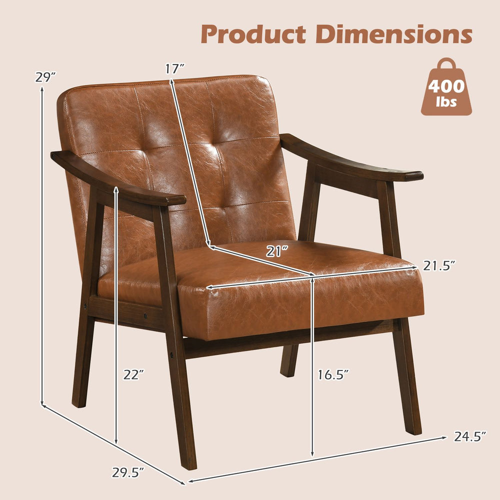 Accent chair with inclined backrest in faux leather, featuring a padded seat and walnut legs, supports up to 400 lbs.