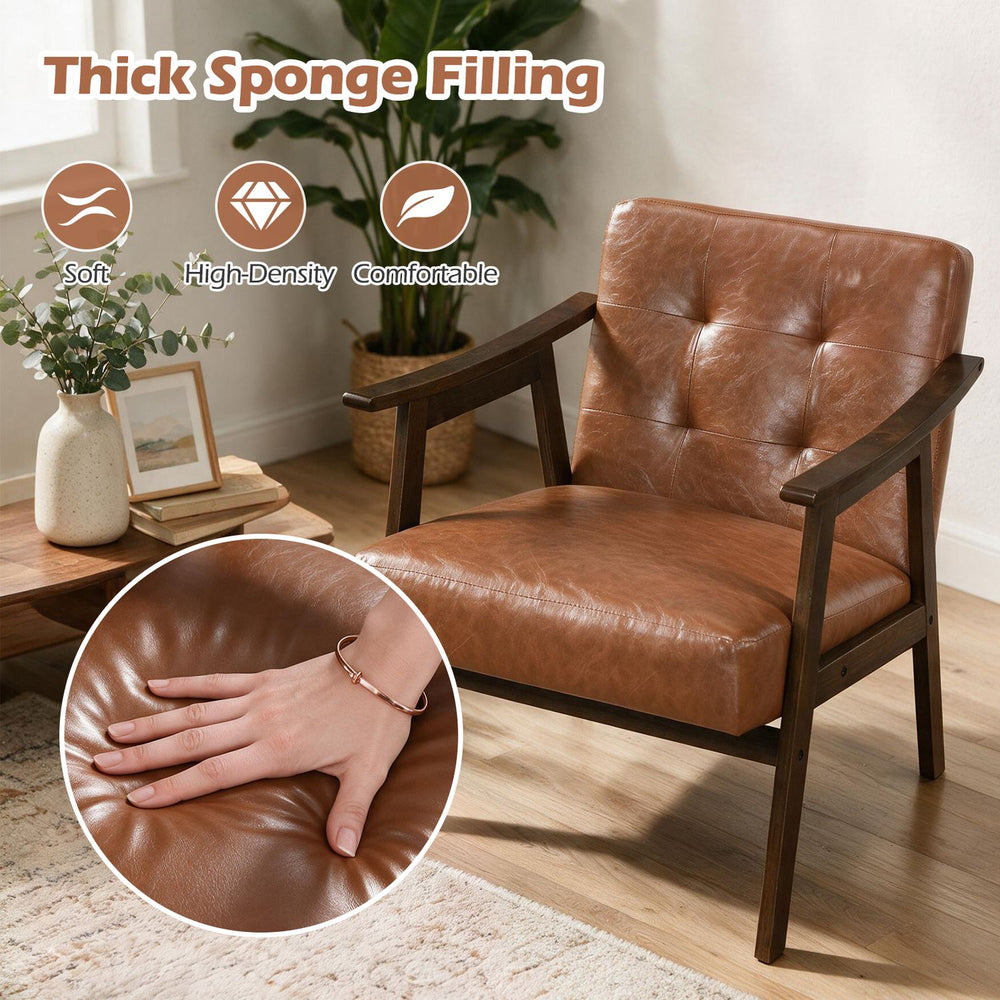 Accent chair with inclined backrest, faux leather, and thick sponge filling for comfortable living room seating.
