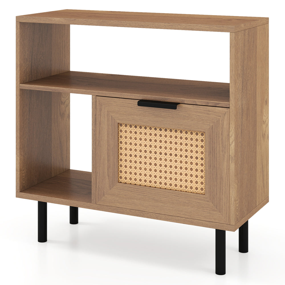 Accent side end table in natural finish with PE rattan cabinet, open shelves, and robust metal legs for small spaces.