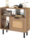 Accent side end table in natural finish with PE rattan cabinet, metal legs, and storage for small spaces.