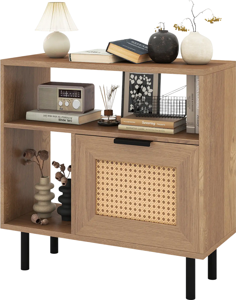 Accent side end table in natural finish with PE rattan cabinet, metal legs, and storage for small spaces.