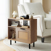 Accent side end table with natural wood finish, PE rattan cabinet, and metal legs, perfect for small spaces.