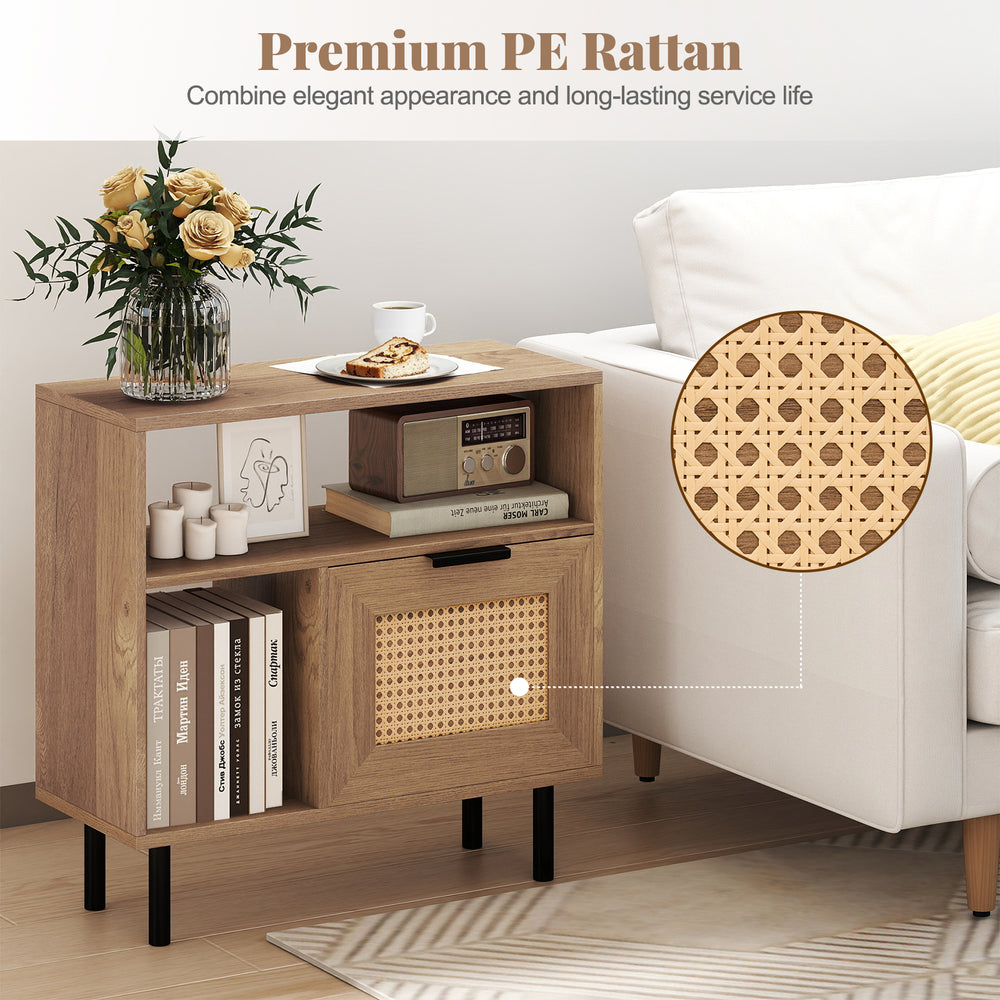 Accent side end table with natural PE rattan surface, storage cabinet, and metal legs for small space convenience.