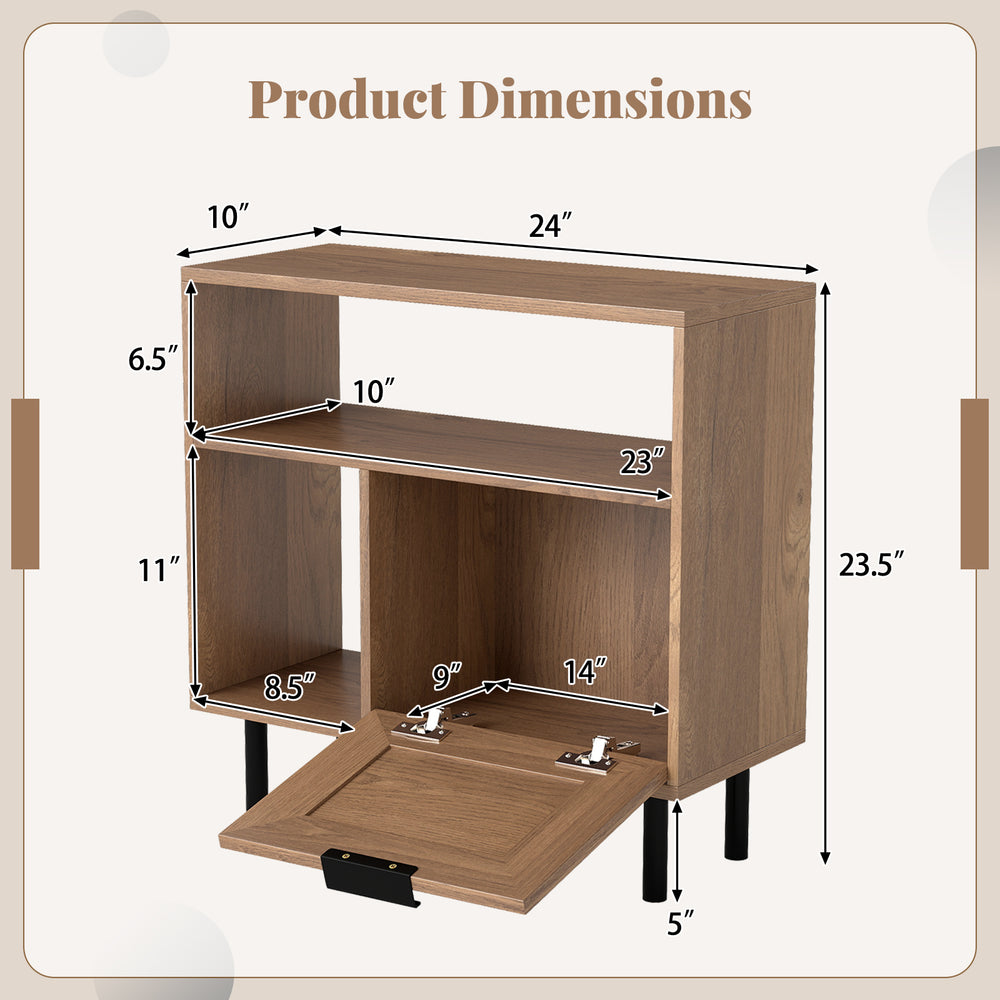 Accent side end table with natural wood finish, featuring storage compartments and a cabinet, perfect for small spaces.