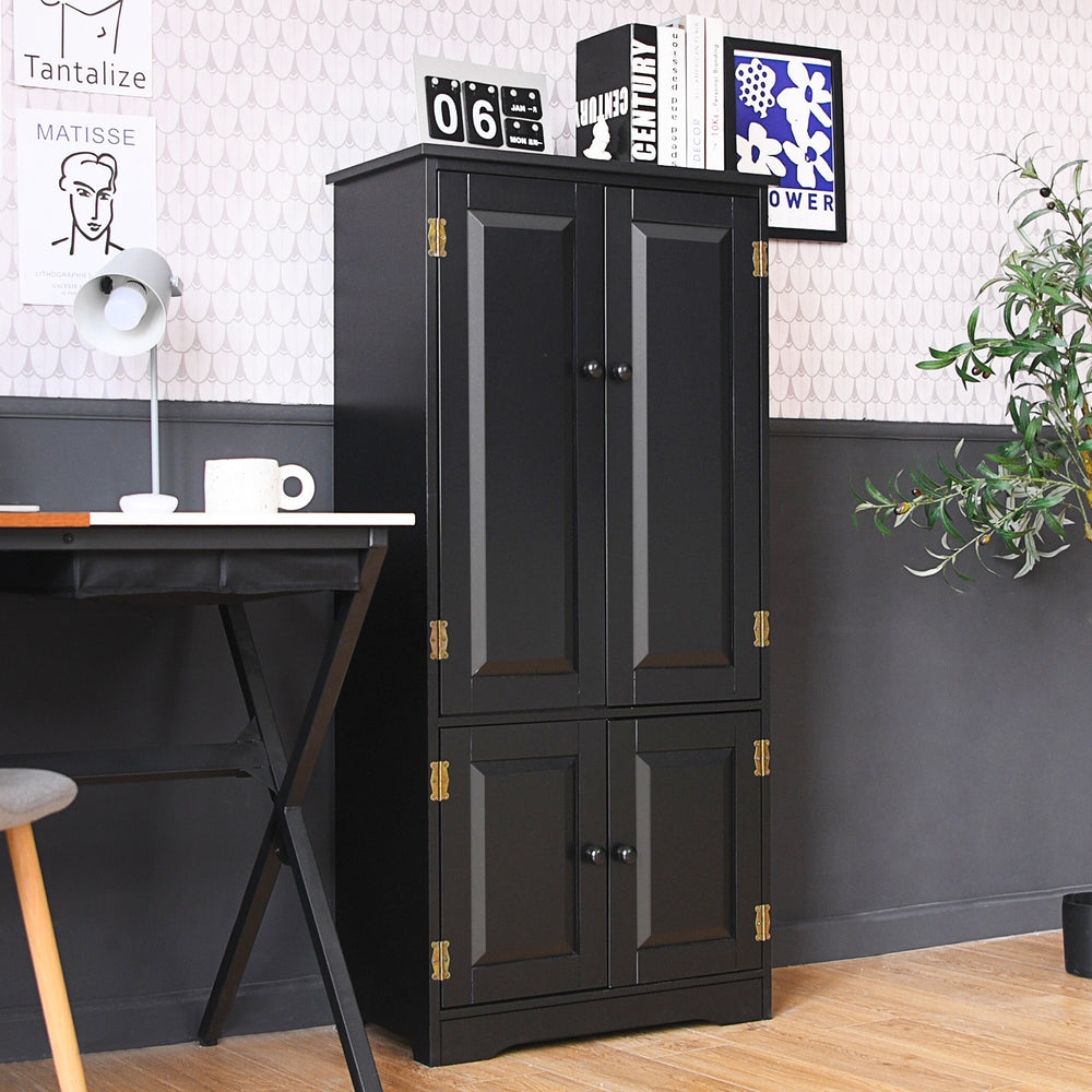 Black accent storage cabinet with antique finish, featuring adjustable shelves and two doors for versatile organization.
