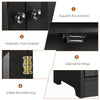 Close-up of the antique black accent storage cabinet showcasing the exquisite round knob and solid metal hinge details.