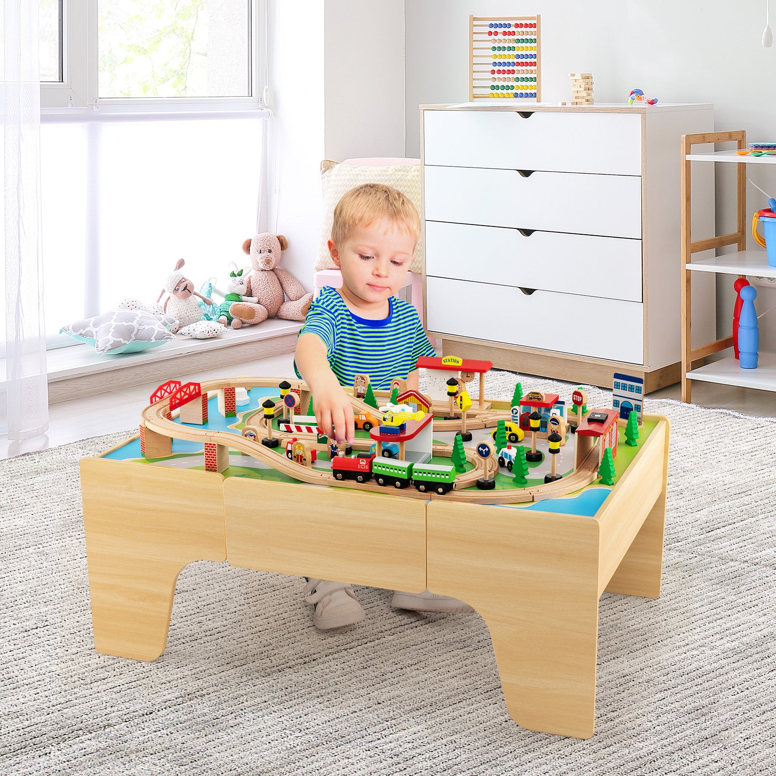 Costway 84-Piece Wooden Train Set Table Reversible