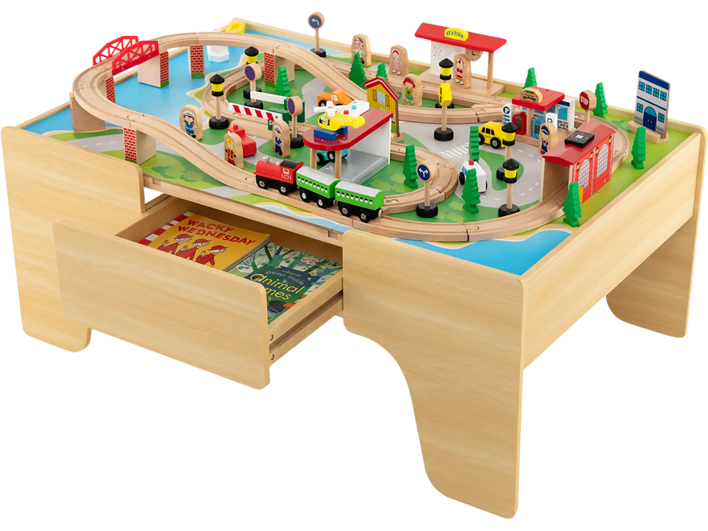 84-Piece Wooden Train Set with Reversible and Detachable Tabletop