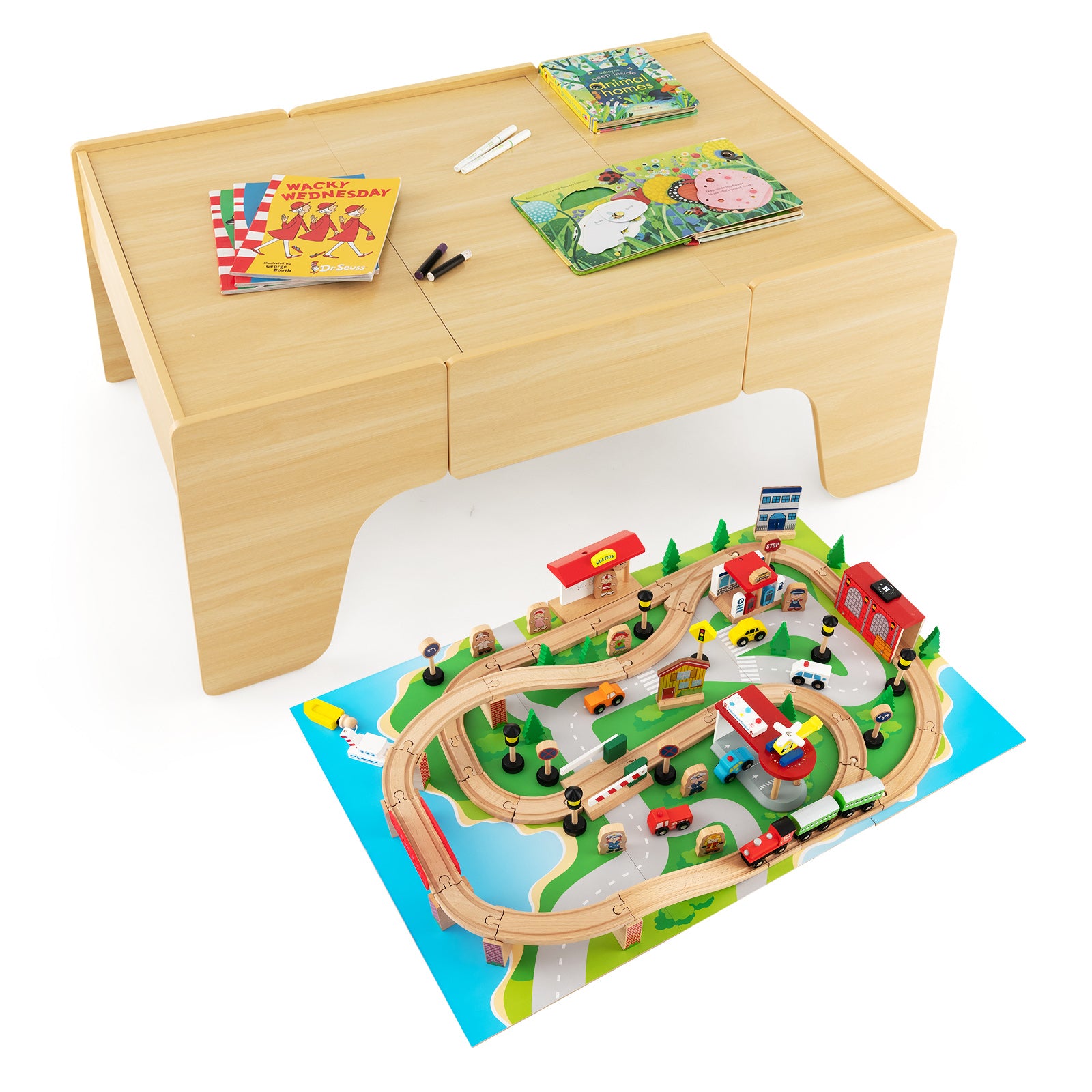 Costway 84-Piece Wooden Train Set Table Reversible