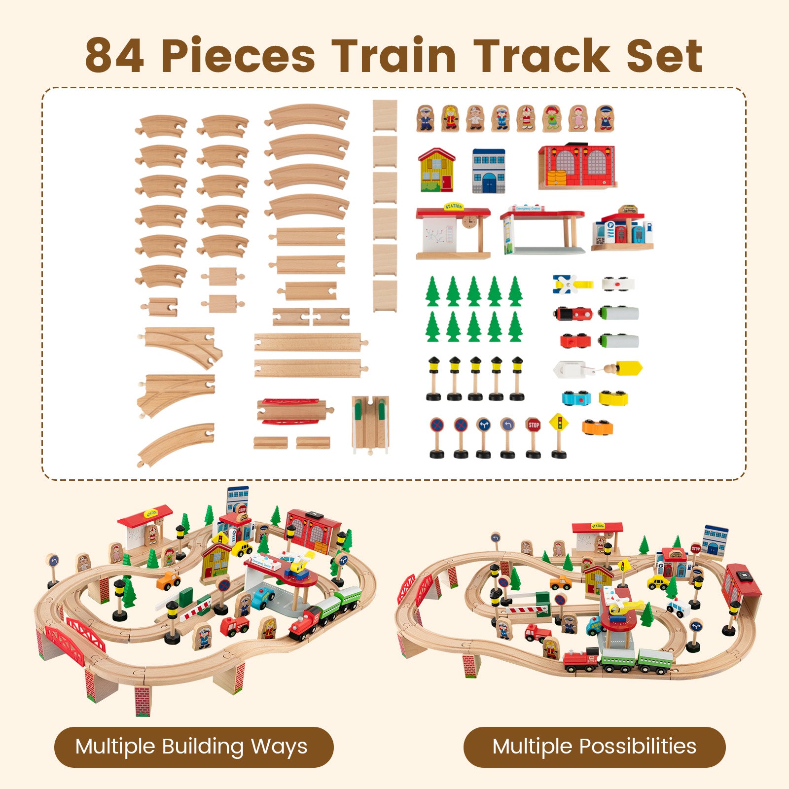 Costway 84-Piece Wooden Train Set Table Reversible