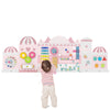 Activity wall busy board for toddlers in pink, featuring 11 activities for sensory play and skill development.