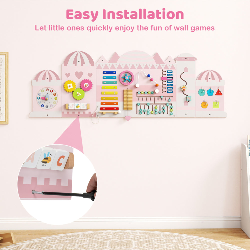 Activity wall busy board panels in pink featuring various learning activities for toddlers, perfect for playrooms and.