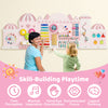 Wooden sensory busy board for toddlers featuring a pink castle design, promoting fine motor skills and time perception.