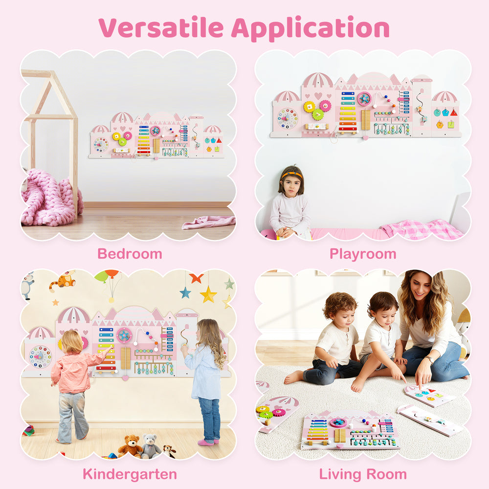 Activity wall busy board panels in pink for toddlers, featuring sensory activities for playroom, bedroom, and.