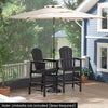 Two-seat black Adirondack chair set with a double connecting tray, ideal for patio or deck use. Umbrella base required.