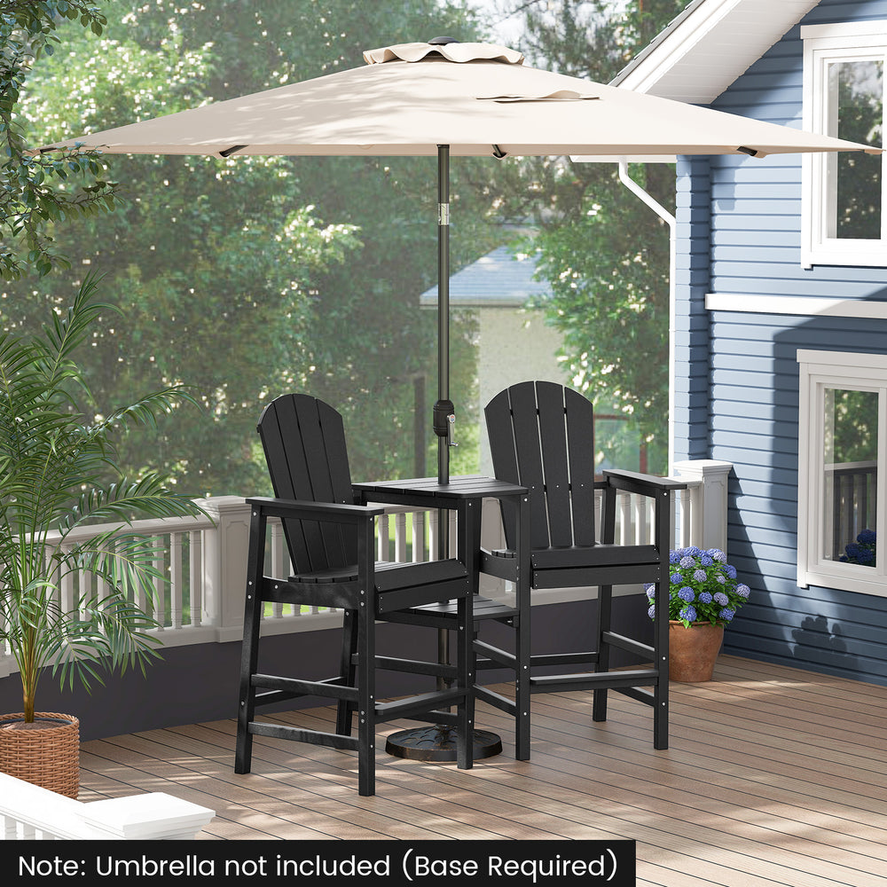 Two-seat black Adirondack chair set with a double connecting tray, ideal for patio or deck use. Umbrella base required.