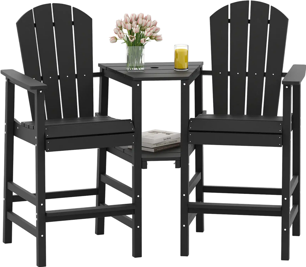 Two-seat black Adirondack chair set with a connecting tray, ideal for outdoor relaxation by the pool or patio.