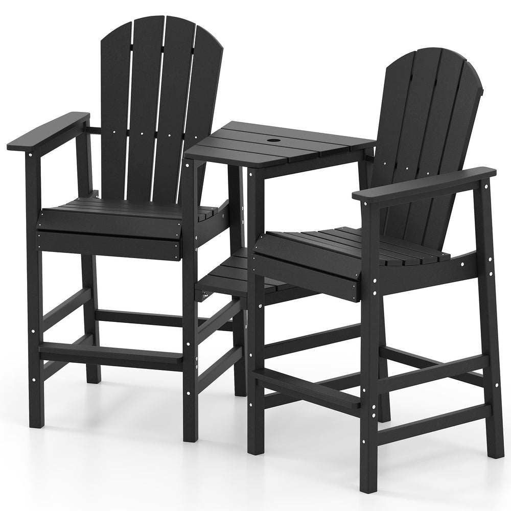 Two-seat black Adirondack chair with a connecting tray, made from weatherproof HDPE for outdoor use and comfort.