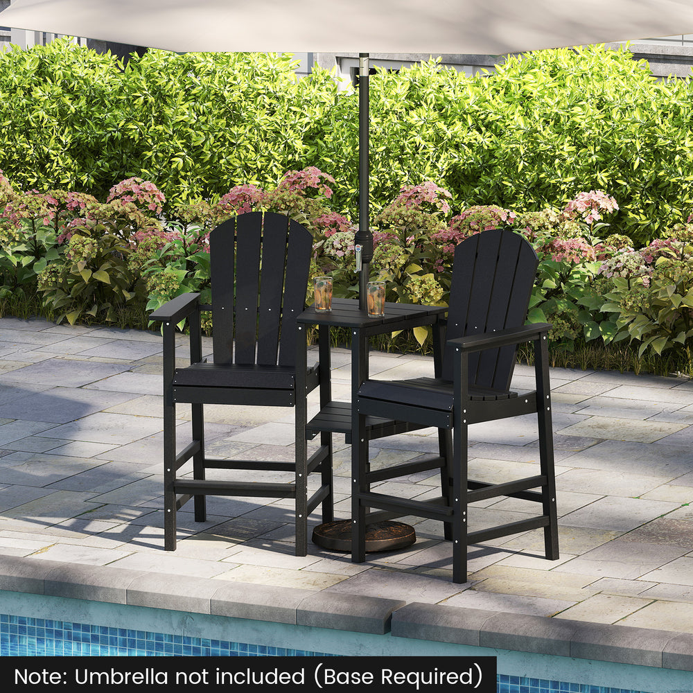 Black 2-seat Adirondack chair set with a double connecting tray, perfect for poolside or patio relaxation.