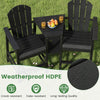 2-seat black Adirondack chair made of weatherproof HDPE with double tray, ideal for patio or garden relaxation.