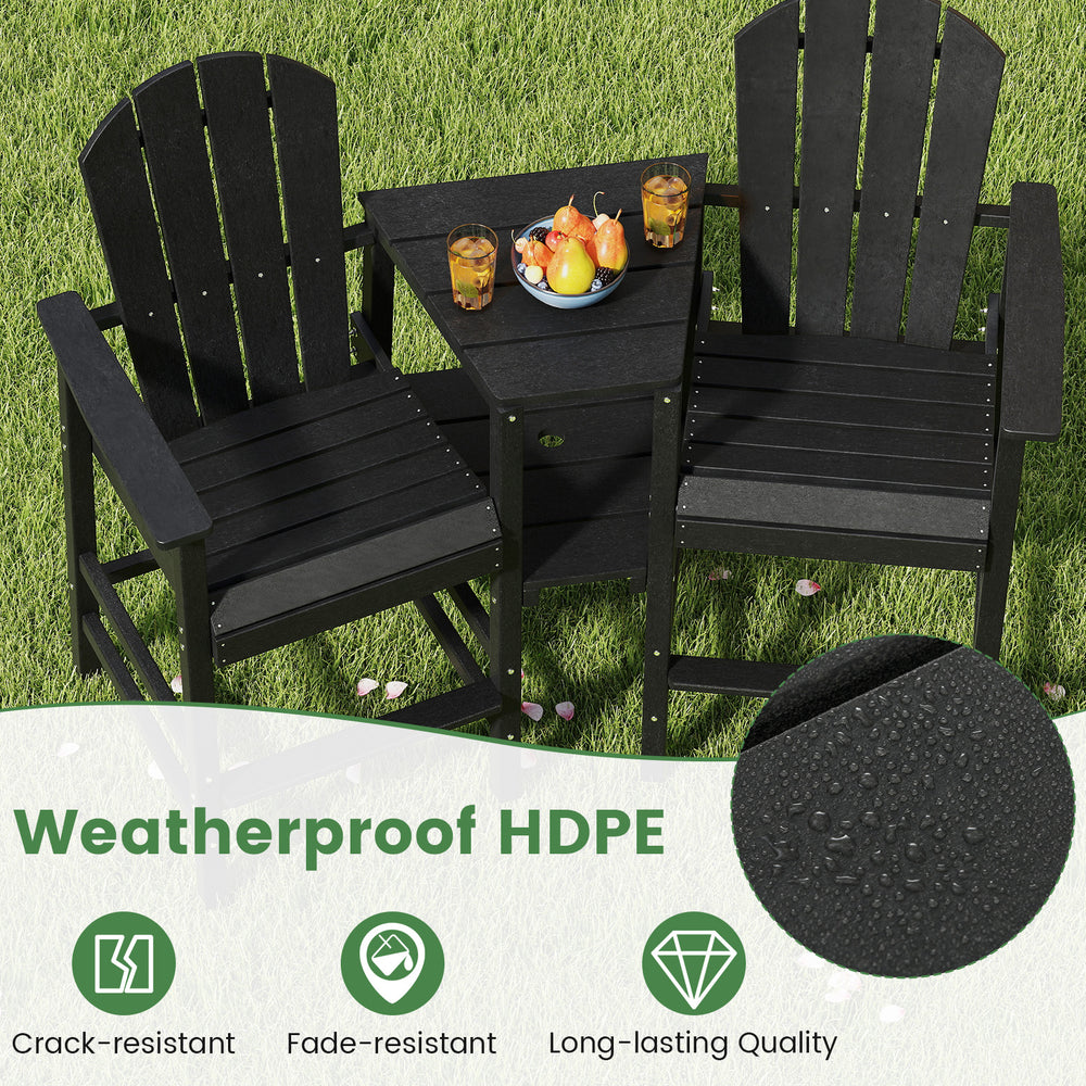 2-seat black Adirondack chair made of weatherproof HDPE with double tray, ideal for patio or garden relaxation.