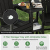 2-tier storage tray of the black Adirondack chair with umbrella holes, ideal for drinks and snacks during outdoor.