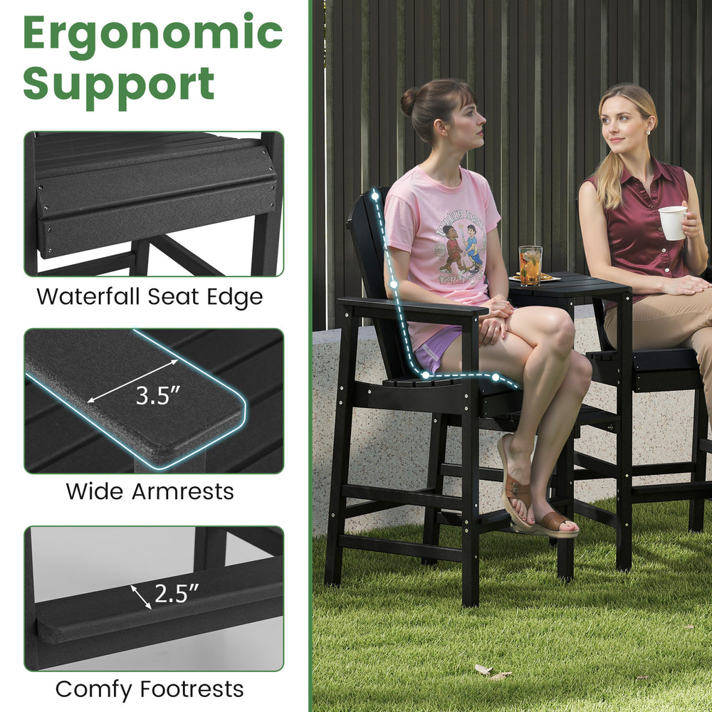 Bar height Adirondack chair with wide armrests and comfy footrests, perfect for outdoor patio relaxation.