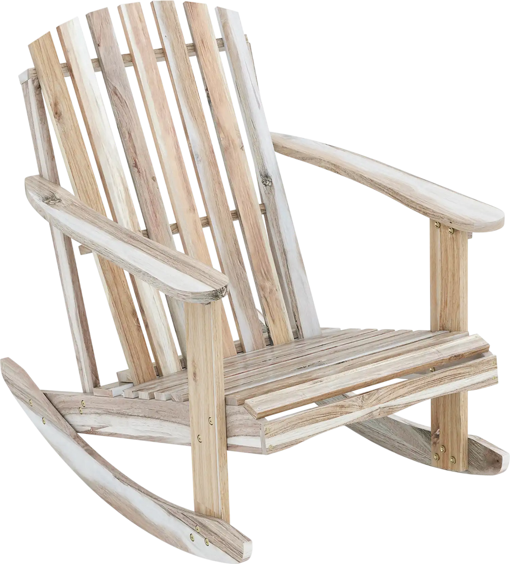 Adirondack rocking chair made of solid acacia wood with a slatted seat and high fanned back, perfect for outdoor.