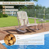 Adirondack rocking chair with slatted seat, solid acacia wood, and ergonomic high fanned back for outdoor relaxation.