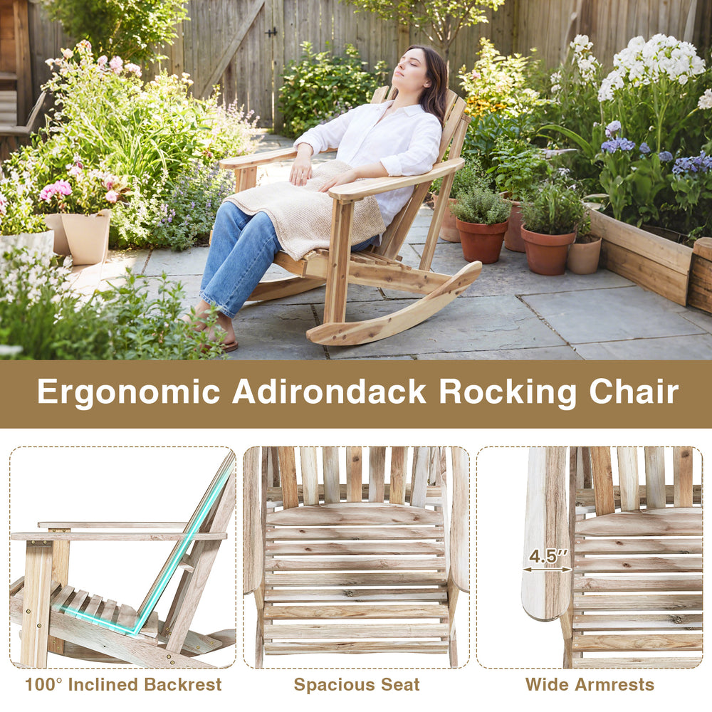 Adirondack rocking chair with slatted seat, ergonomic 100° backrest, and wide armrests for comfortable outdoor.